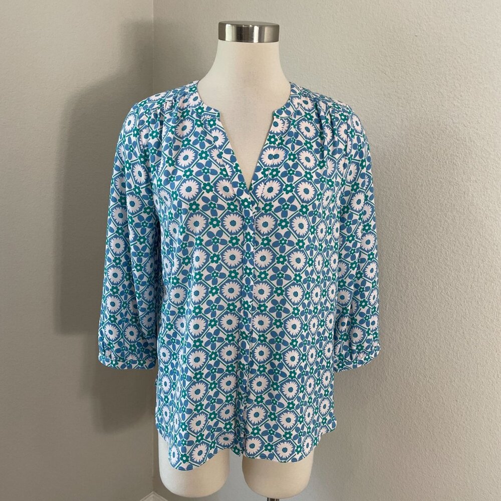 Nydj Womens Small Blue Green Floral Button Up Blouse Pleated Back Shirt Top